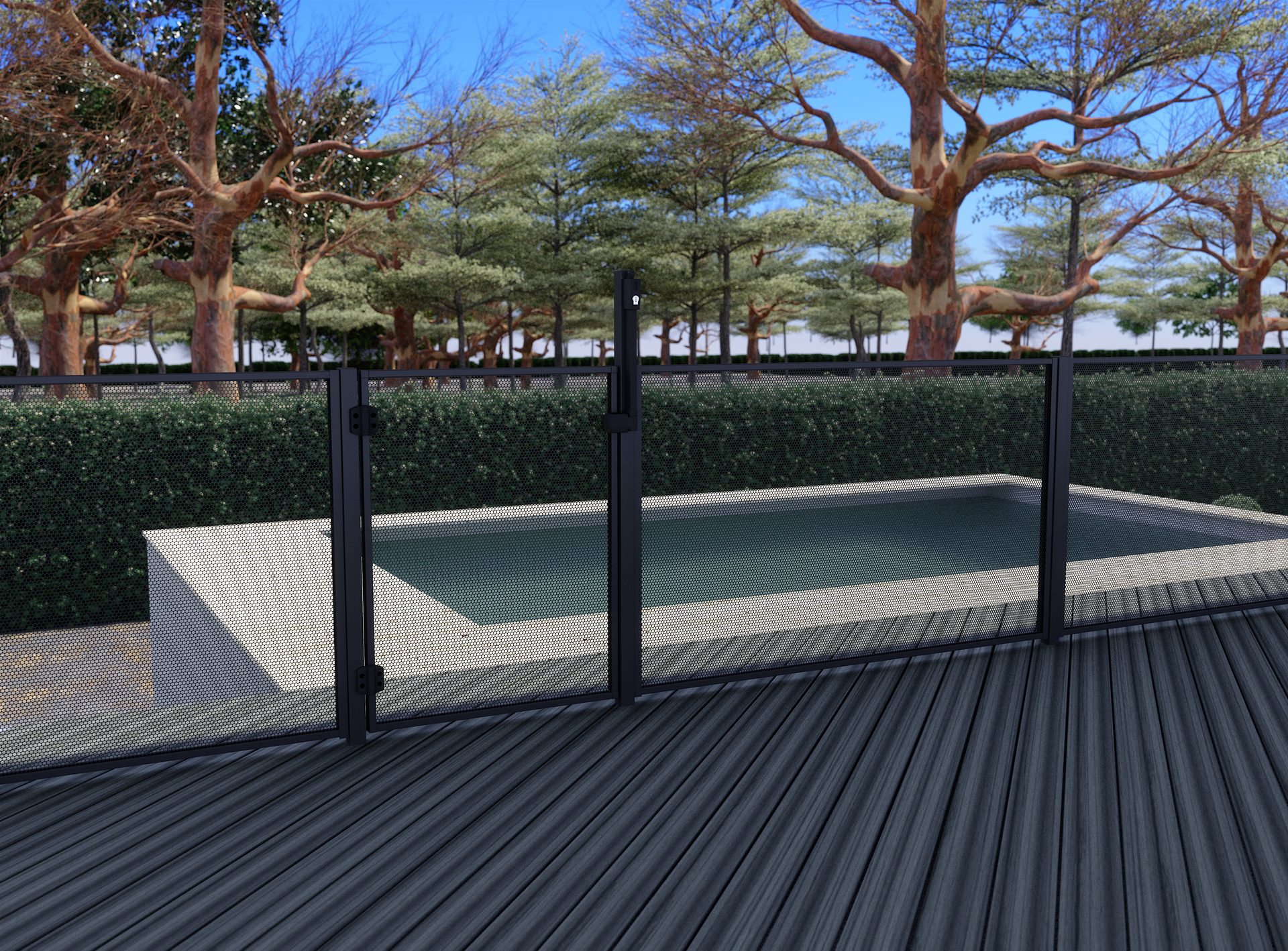 Imported perforated pool fencing installed around a backyard swimming pool