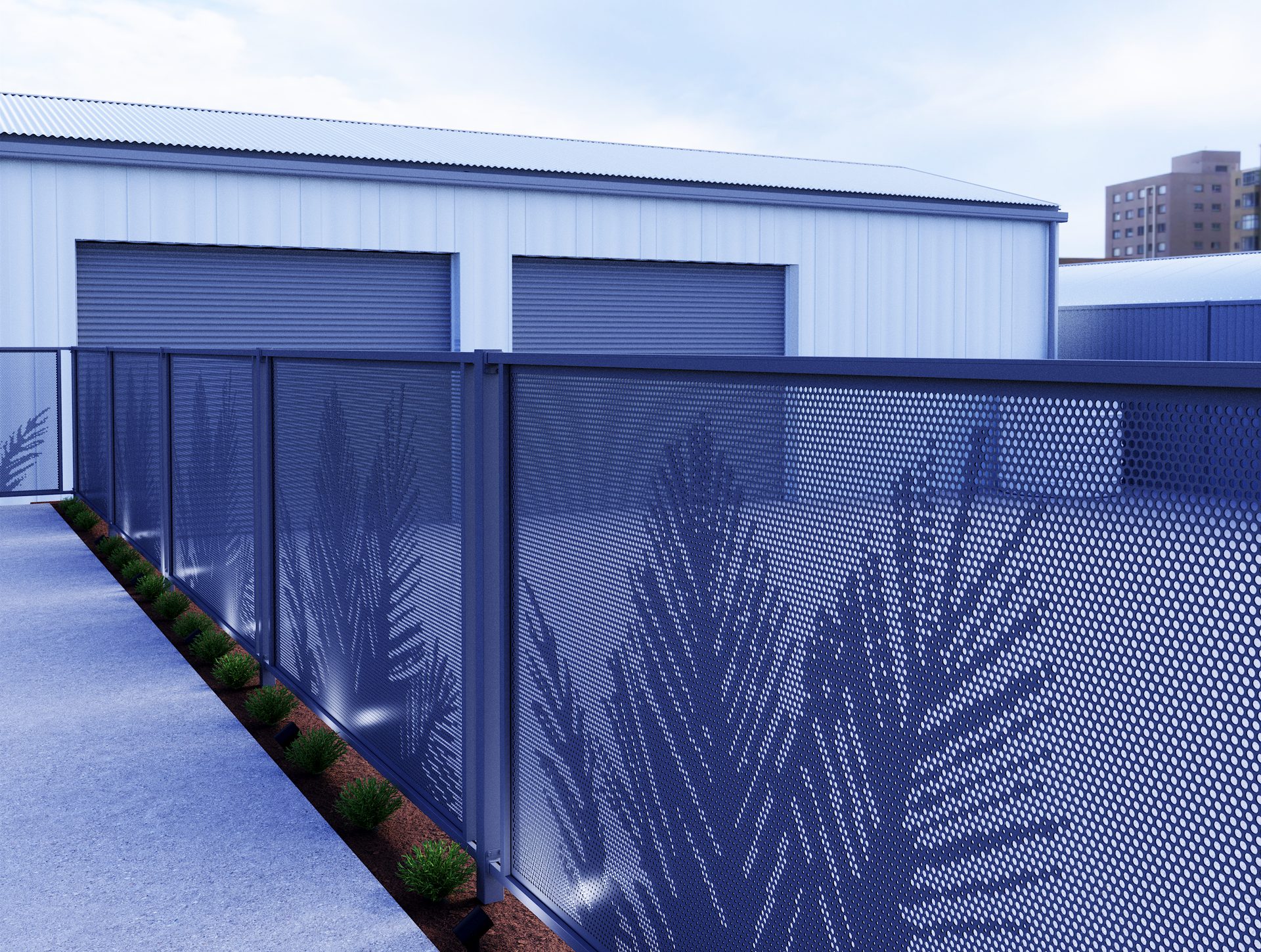 Perforated aluminium pool fence panels along a paved pool area