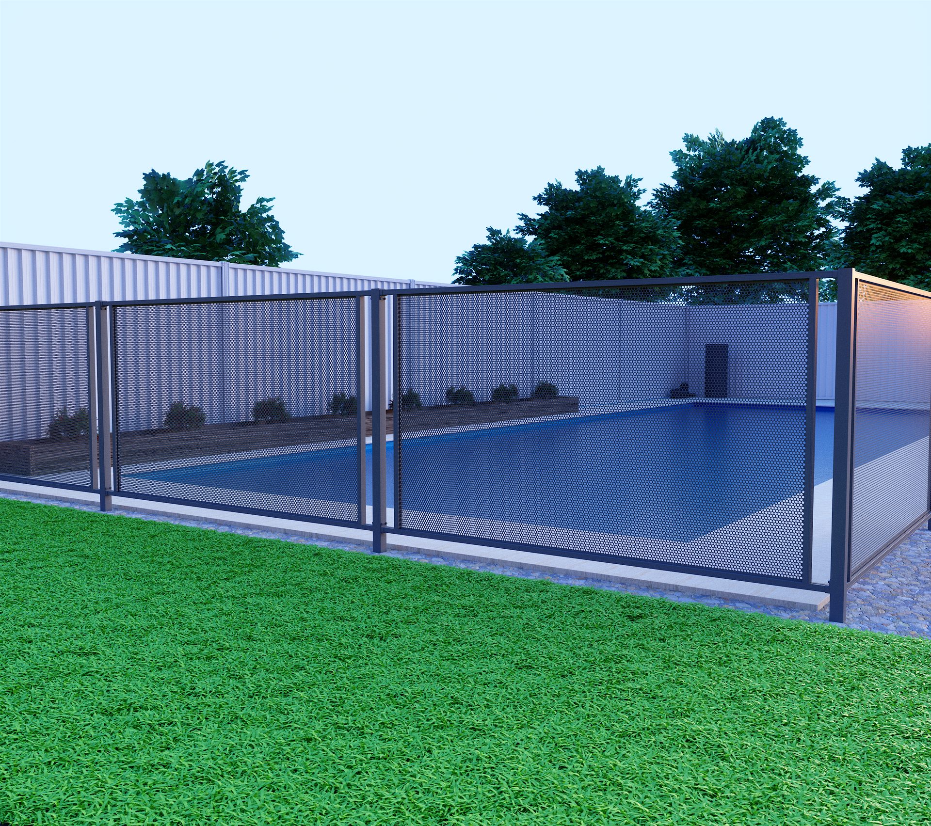Installed perforated pool fence — backyard pool